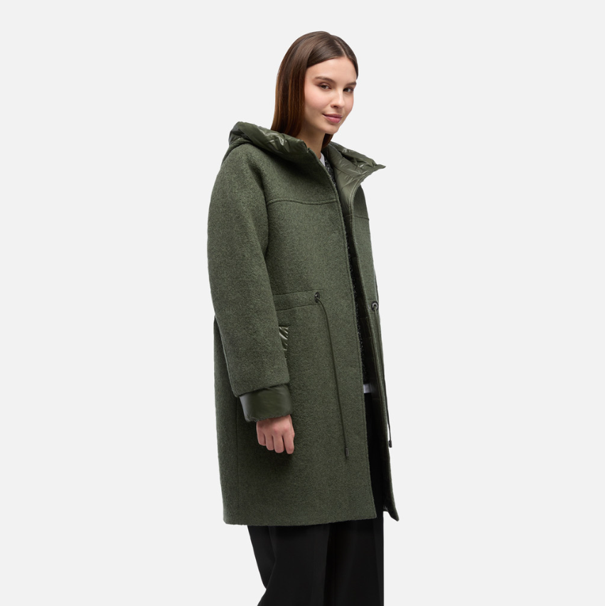 Geox Parka Comprida em Lã Cozida com Cintura Ajustável Verde Azeitona