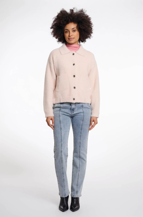 Rino e Pelle Casaco Tricotado Curto Super Macio com Gola Plana