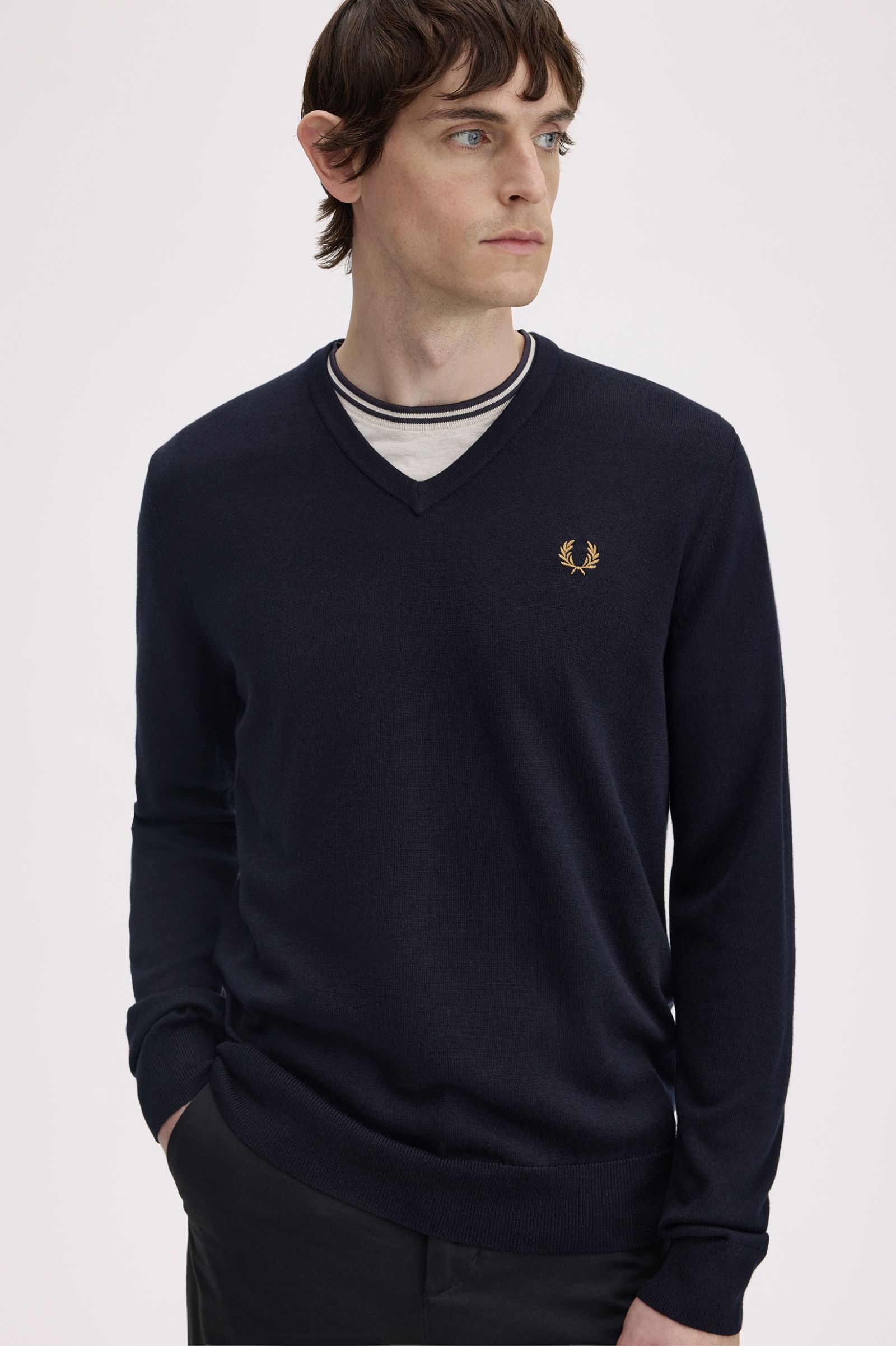 Pullover Fred Perry Decote em V Lã Merino Algodão